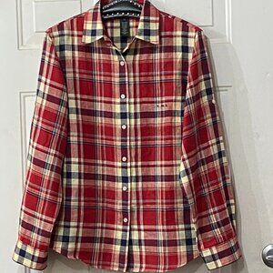 NEW Lauren Ralph Lauren Linen Sz M Womens Blouse Shirt Long Sleeve Red Plaid